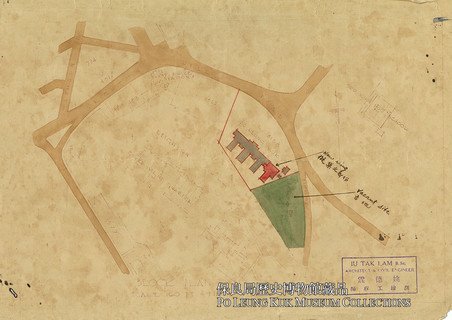 中座大楼右翼新宇位置示图（1941年）保良局获祖霎先生捐款后，委托姚德霖则师设计，可从示图中看到铜锣湾局址地段，以及新建宿舍的范围。